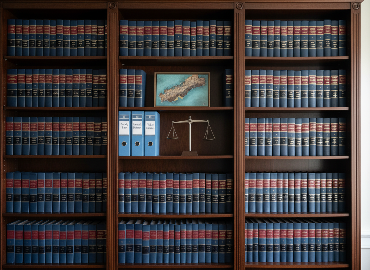 A dignified dark wood bookcase filled with neatly arranged navy and burgundy law reports, interspersed with a few subtly labeled binders titled “Family Law,” “Criminal Defence,” and “Wills & Estates.” On one shelf, a simple brushed-steel scales of justice sculpture rests beside a small, framed, abstract map impression of the Limestone Coast, rendered in muted coastal blues and earthy browns. Soft, diffused natural light from an unseen window to the right caresses the spines of the books, creating a gentle gradient of highlights. Captured in photographic realism at eye level with moderate depth of field, the composition feels composed, stable, and intellectual, perfectly matching a professional legal practice with deep regional roots.