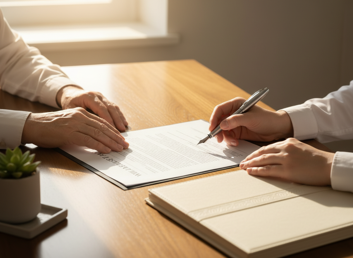 Wills and estate planning: calm office scene with two people reviewing a clearly labelled "Will and Estate Plan" document on a tidy desk, elegant pen, closed folder, soft neutral colours, warm daylight, hands only, no faces, reassuring and organised feel.